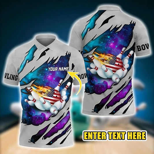 Custom Name 3D Printed Men's Polo Shirt, Bowling Galaxy Strike Pattern, Summer Streetwear Casual Bowling Jersey For Unisex Team Players.