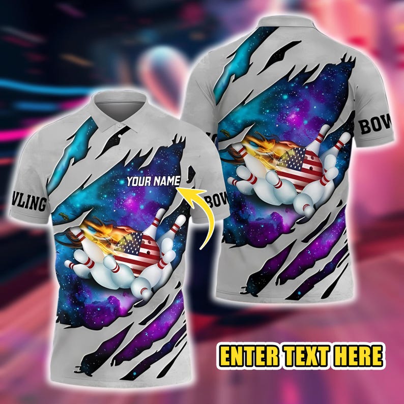 Custom Name 3D Printed Men's Polo Shirt, Bowling Galaxy Strike Pattern, Summer Streetwear Casual Bowling Jersey For Unisex Team Players.