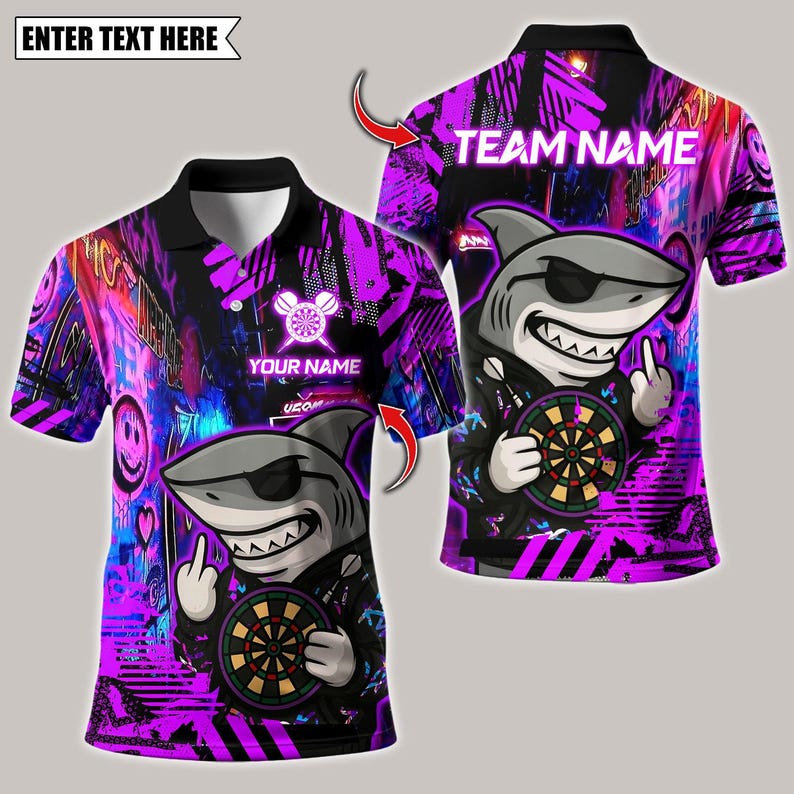Personalized Name Dart Polo Shirt, Darts Shark Graffiti Style Multicolor Design ,Custom Team Shirt for Men, Gift for Darts Players