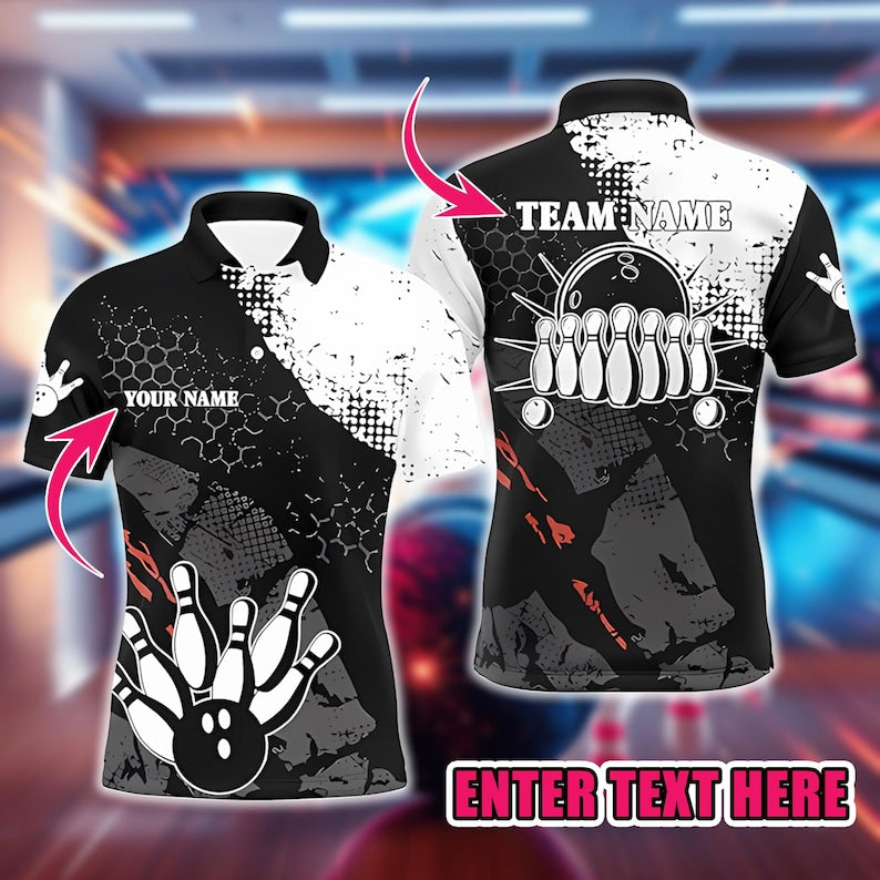 Personalized Bowling Polo Jersey, Add Team Name And Player Name, Stylish Black White Custom Shirt for League, Tournament & Club Teams.