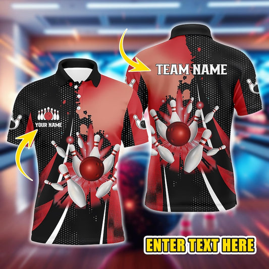 Custom Bowling Polo Shirt, Retro Men’s Bowling Jersey with Team Name, Bowling Ball & Pins Graphic, Personalized Unisex Shirt for Tournaments
