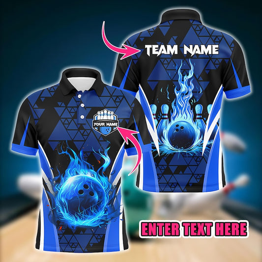 Men’s Custom Bowling Polo Shirts, Triangle Pattern Flame Design with Bowling Ball & Pins, Personalized Team Bowling Jerseys for League Play.