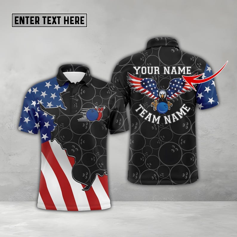 Custom Bowling Polo Shirt for Men, Personalized Name Retro American Flag Bowling Team Shirt, Patriotic Bowling Polo, Gift for Friends.