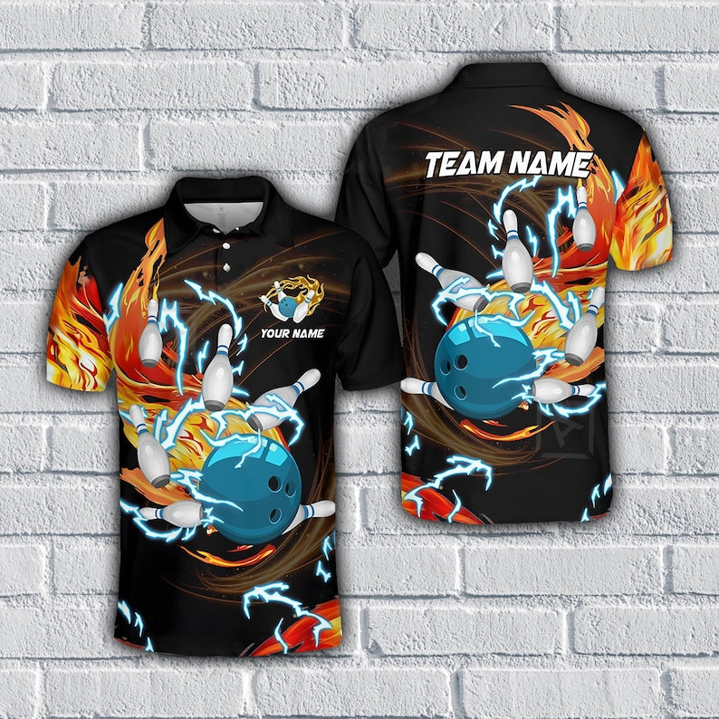 Custom Bowling Polo Shirt, Personalized Name & Team Jersey with Bowling Ball, Thunder Flame Multicolor Bowling Team Shirt.