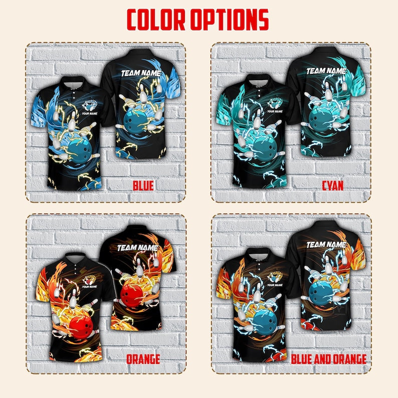 Custom Bowling Polo Shirt, Personalized Name & Team Jersey with Bowling Ball, Thunder Flame Multicolor Bowling Team Shirt.