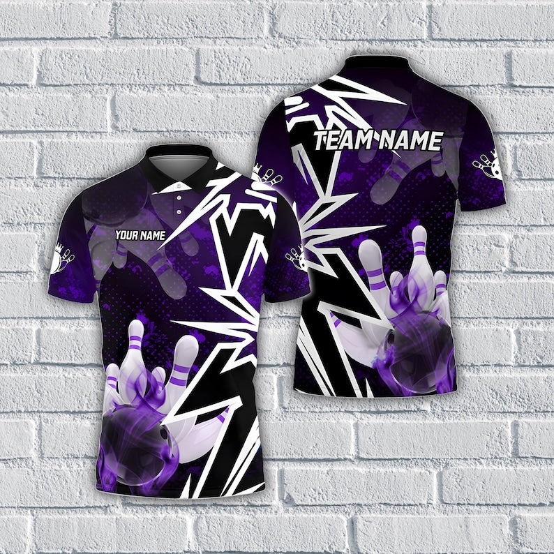Custom Bowling Polo Shirt, Personalized Name & Team Zipper Jersey, Bowling Ball and Pins Smoke Design Multicolor Polo.