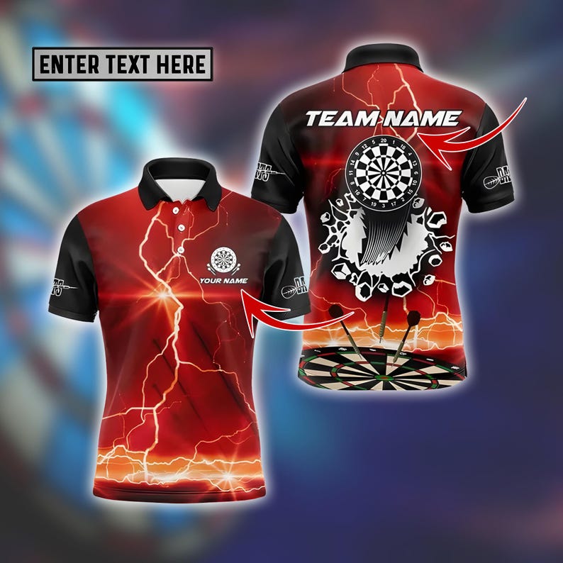 Custom Dart Team Polo, Polo Shirt with Bold Dartboard & Lightning Design, Shirt For Men Or Dart Teams, Uniforms Short Sleeve Polo Shirts.