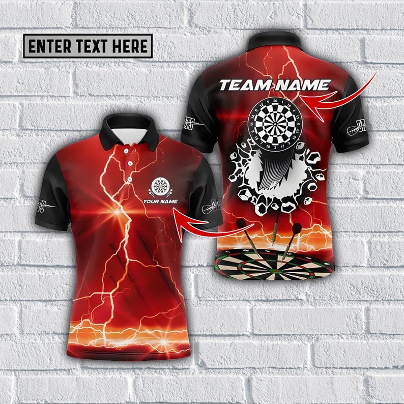 Custom Dart Team Polo, Polo Shirt with Bold Dartboard & Lightning Design, Shirt For Men Or Dart Teams, Uniforms Short Sleeve Polo Shirts.