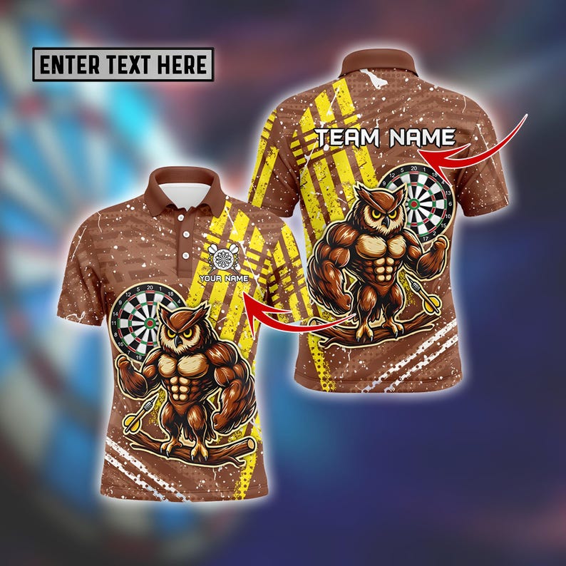 Custom Dart Team Jersey, Custom Polo Shirt with Fierce Muscular Owl, Dartboard, and Bold Yellow Stripes for Power & Team Spirit.