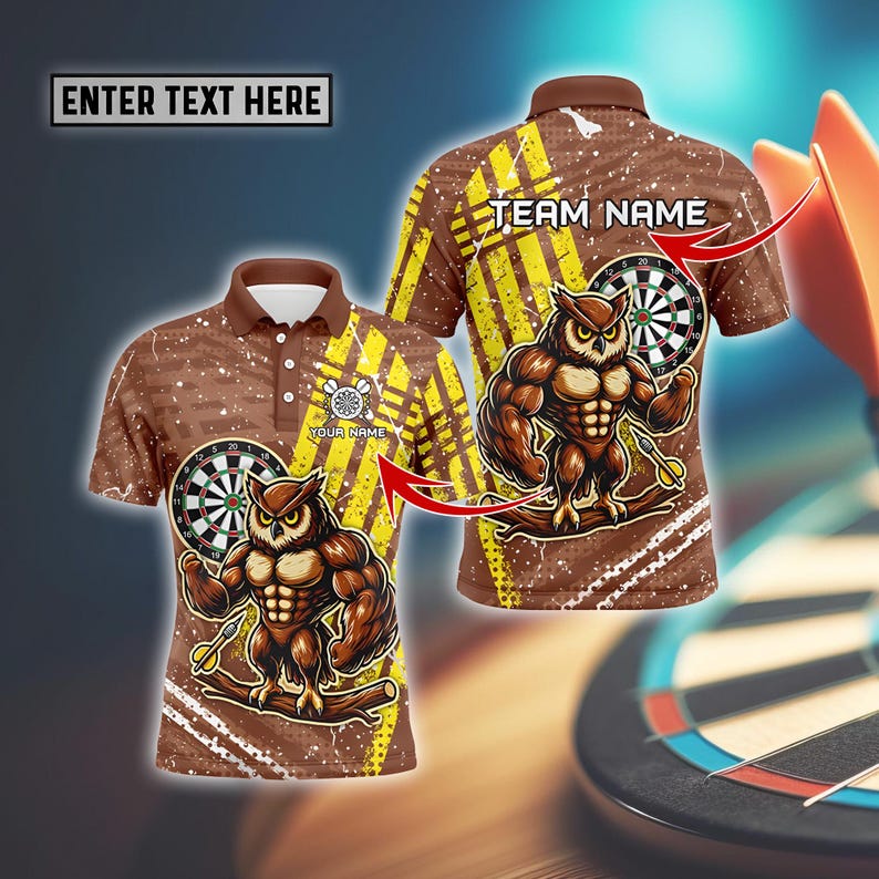 Custom Dart Team Jersey, Custom Polo Shirt with Fierce Muscular Owl, Dartboard, and Bold Yellow Stripes for Power & Team Spirit.