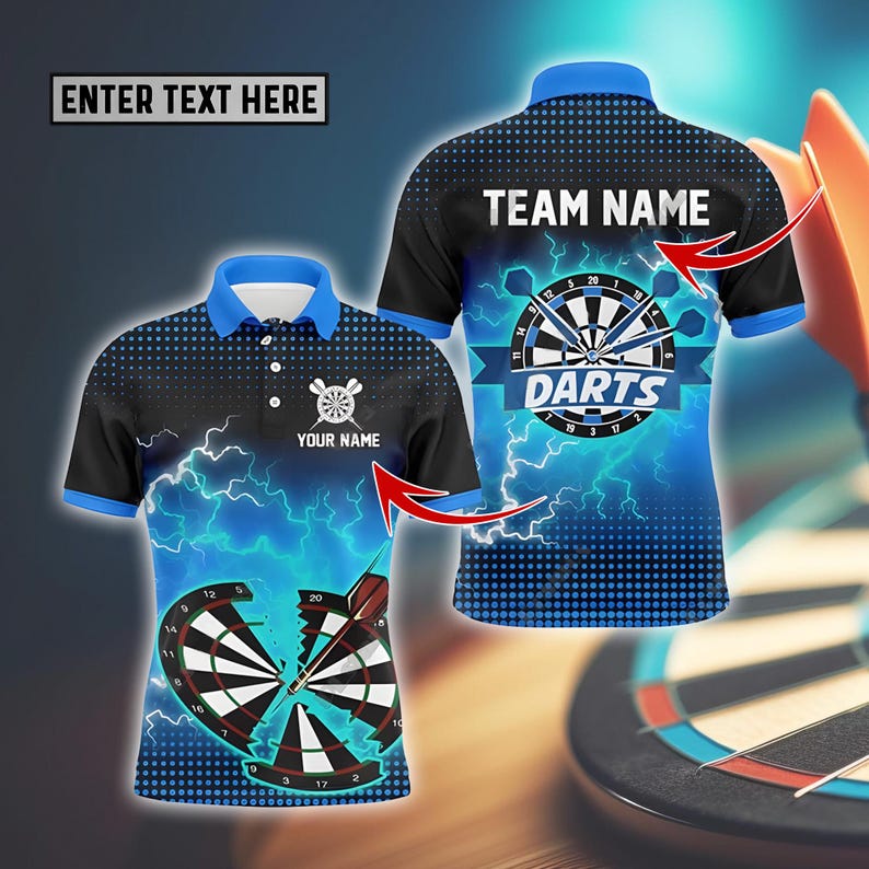 Custom Team Jersey, Custom Polo Shirt with Cracked Dartboard, Electric Energy, and Bold Design for Power & Team Spirit.