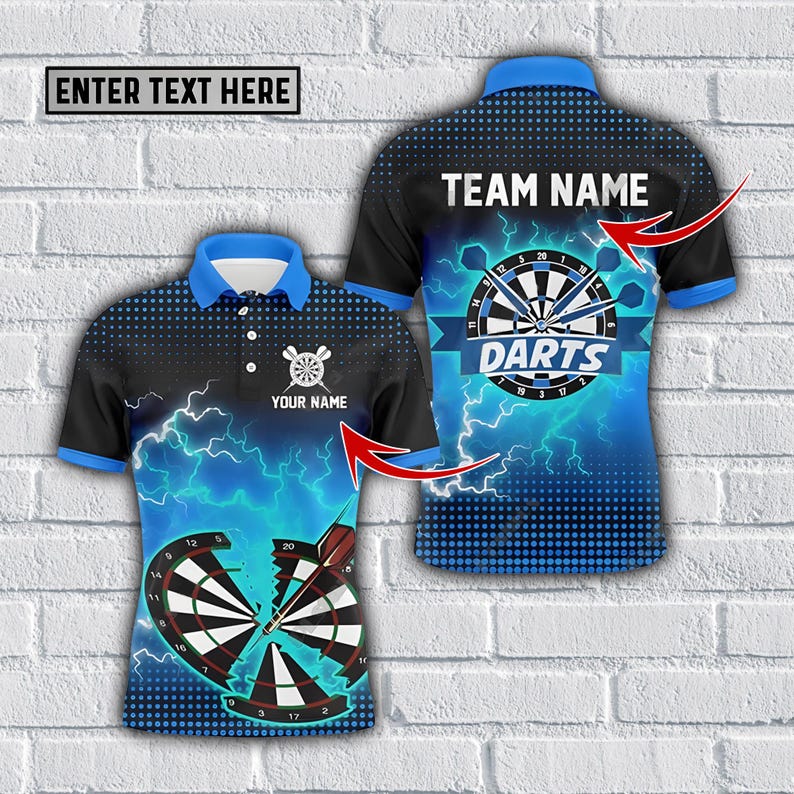 Custom Team Jersey, Custom Polo Shirt with Cracked Dartboard, Electric Energy, and Bold Design for Power & Team Spirit.
