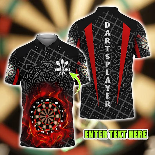 Dart Player Polo Shirt, Personalized Name Custom 3D Dartboard Flame Print, Short Sleeve Casual Sports Top, Gift For Team, Dad Gift.