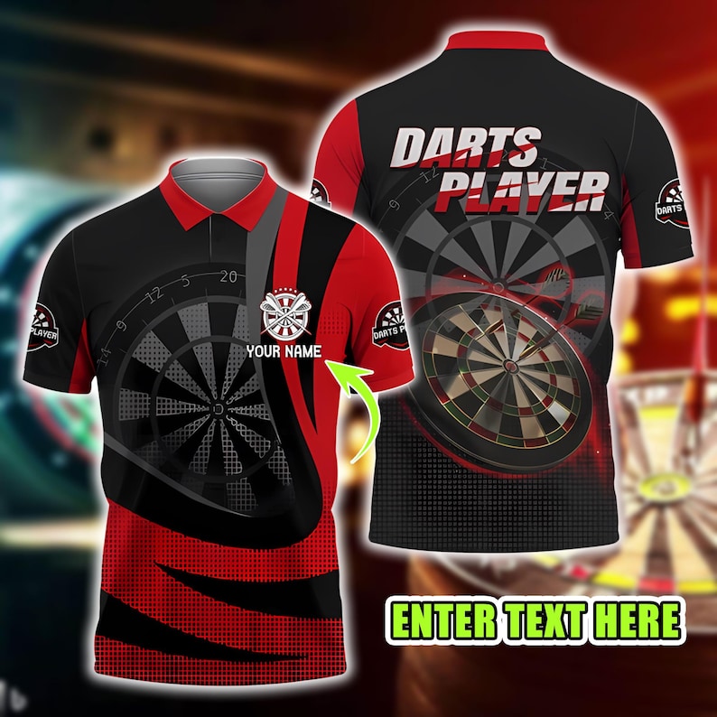 Custom Dart Player Polo Shirt, Short Sleeve Casual Sports Top, Name Custom 3D Dartboard Flame Print, Gift For Team, Dad Gift.