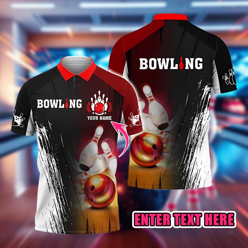 Bowling Polo Shirt, Custom Name 3D Print, Bowling Ball and Pins Design, Sports Jersey for Bowling Fans, Sports Casual Top.