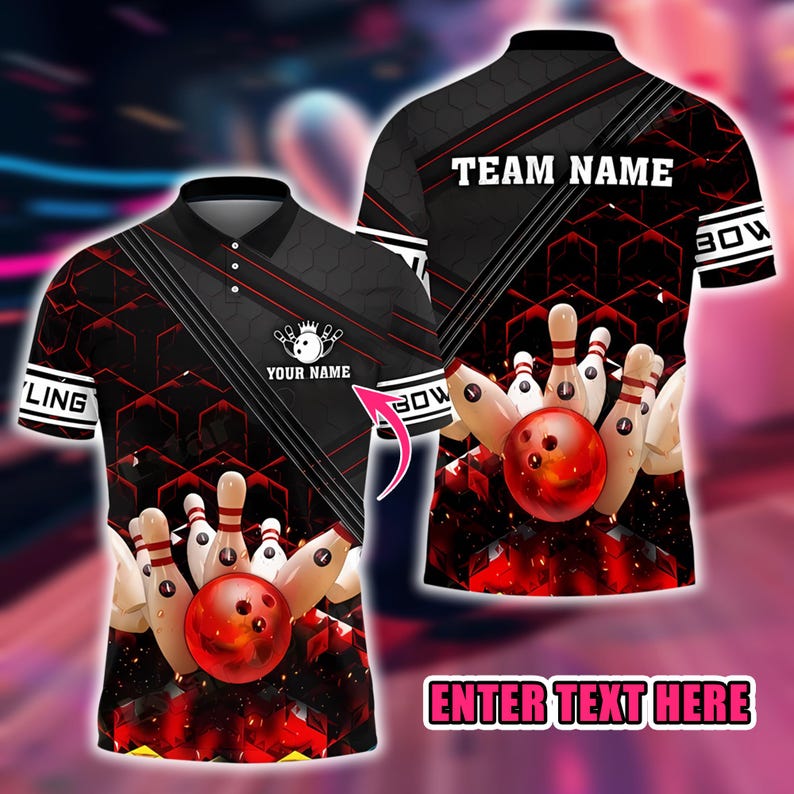 Bowling Polo Shirt, Custom Name & Team Name, 3D Print Bowling Ball and Pins Design, Sports Jersey for Bowlers, Sports Casual Top.