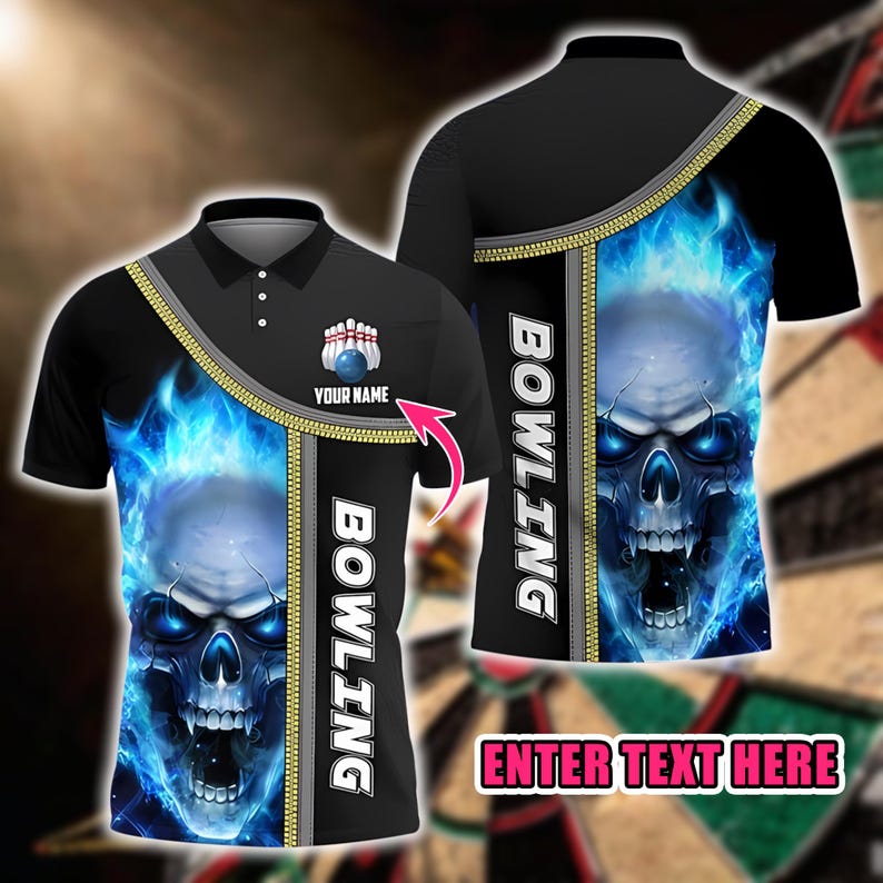 Custom Bowling Polo Shirt, Personalized Name Skull Flame 3D Design, Bowling Team Jersey Sportswear Gift for Bowlers Men Women.