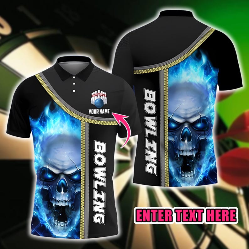 Custom Bowling Polo Shirt, Personalized Name Skull Flame 3D Design, Bowling Team Jersey Sportswear Gift for Bowlers Men Women.