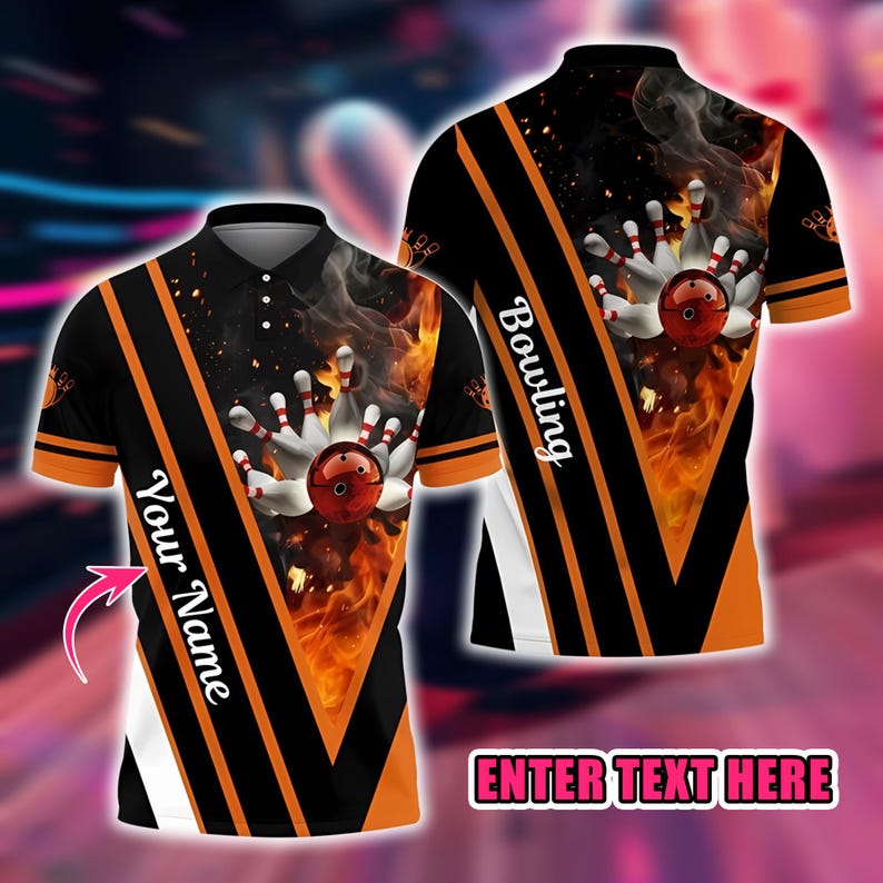 Custom Bowling Polo Shirt, Personalized Name 3D Bowling Ball and Pins Flame Design, Bowling Team Jersey Sportswear Gift for Bowlers.