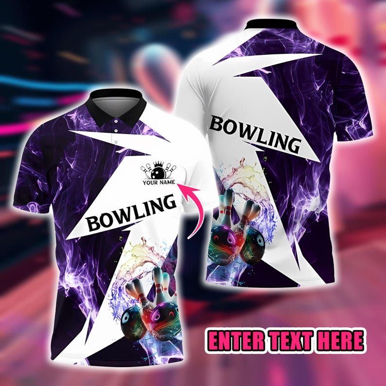 Custom Bowling Polo Shirt, Personalized Name 3D Color Splash Bowling Ball and Pins Design, Bowling Team Jersey Gift for Bowlers Men Women.