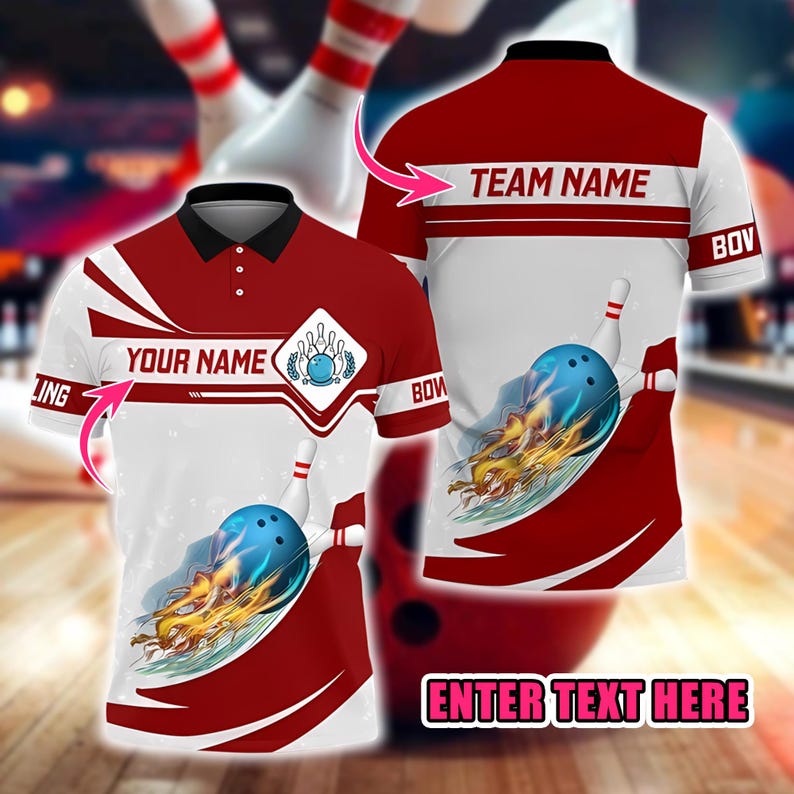 Custom Bowling Polo Shirt, Personalized Name and Team Jersey, 3D Bowling Ball with Flame Design, Sports Uniform Gift for Bowlers Men Women.