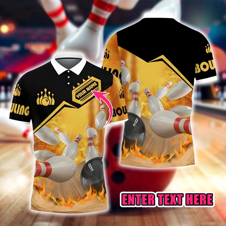 Custom Bowling Polo Shirt, Personalized Name and Team Jersey, 3D Bowling Ball and Pins Flame Design, Sportswear Gift for Bowlers Men Women.