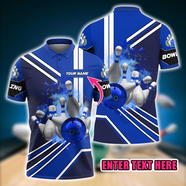 Custom Bowling Polo Shirt, Personalized Name and Team Jersey, Blue 3D Bowling Ball and Pins Strike Design, Sportswear Gift for Bowlers.