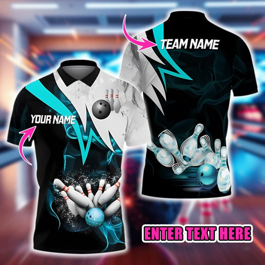 Custom Bowling Polo Shirt, Personalized Name and Team Jersey, Blue Black White 3D Bowling Ball and Pins Strike Design, Gift for Bowlers.