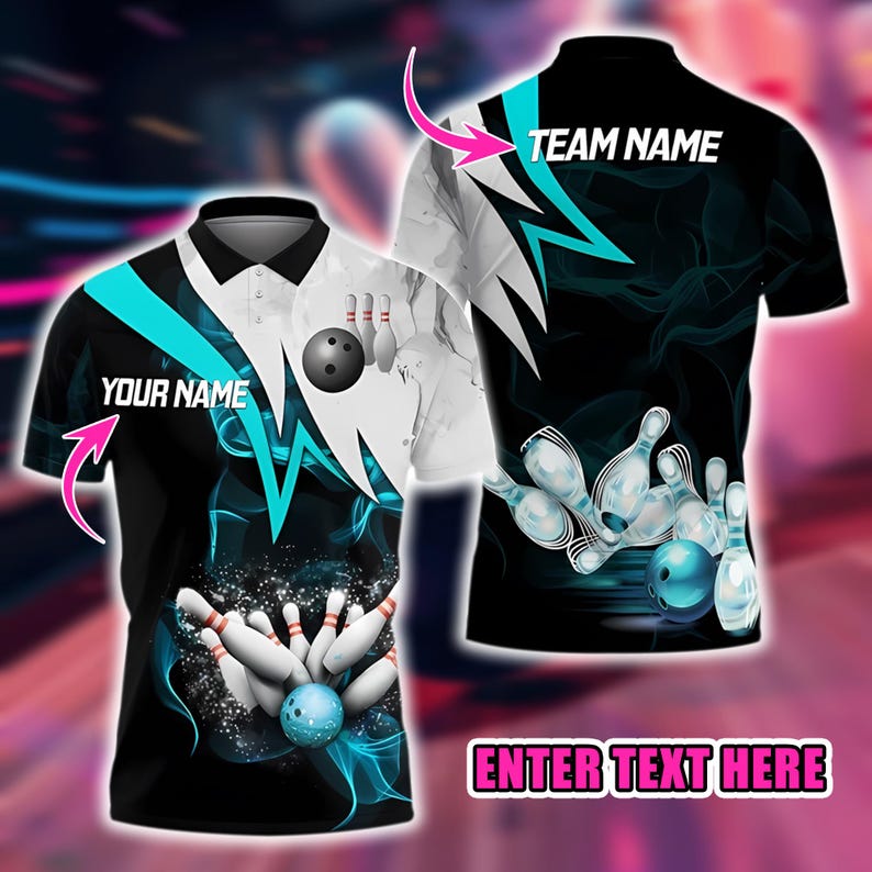 Custom Bowling Polo Shirt, Personalized Name and Team Jersey, Blue Black White 3D Bowling Ball and Pins Strike Design, Gift for Bowlers.
