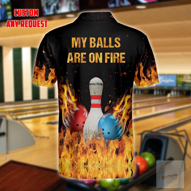Personalized Fire Bowling Polo Shirt, Custom Name Bowling Team Short Sleeve Shirt, Bowling League Uniform