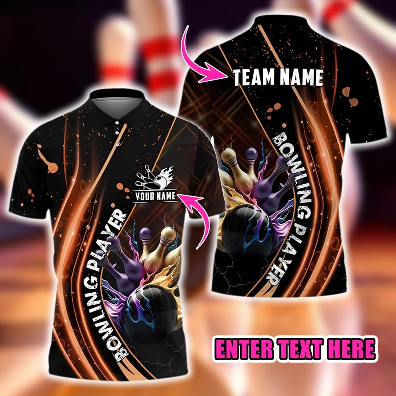 Custom Name Team Polo Shirt, Bowling Player Strike Flame, Bowling Polo Shirt For League Team Bowlers Men Women, Sports Gift for Bowlers.