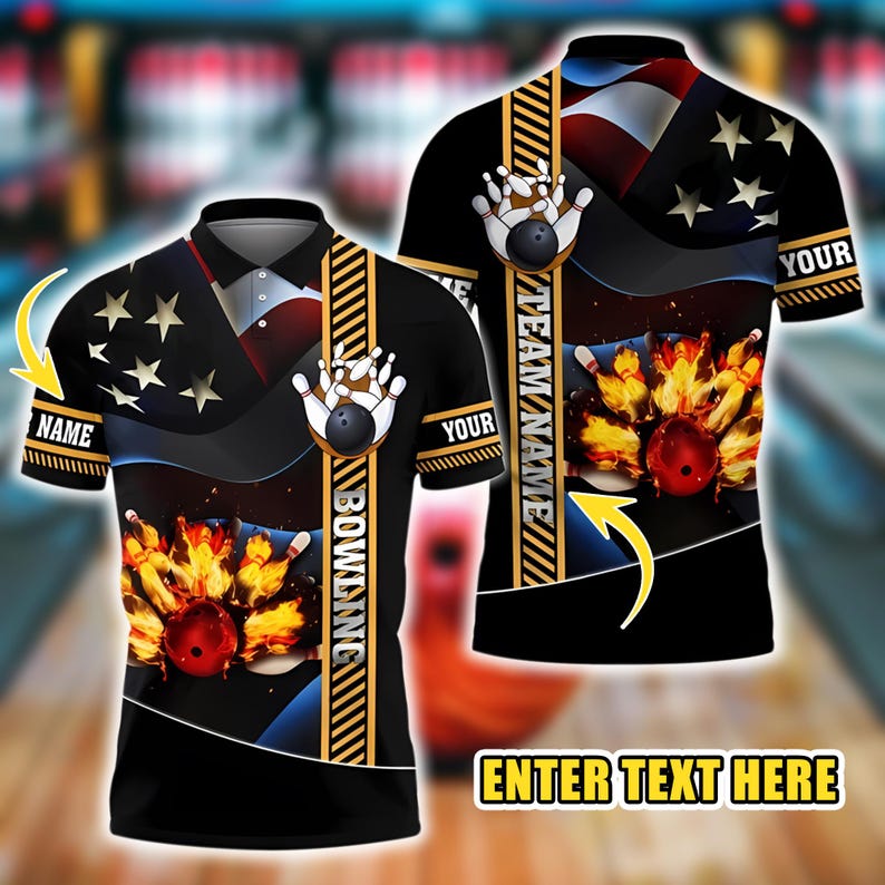 Custom Name 3D Printed Men's Polo Shirt, Bowling And Fire Pattern, Summer Streetwear Bowling Jersey Casual Outfit For Unisex Players.