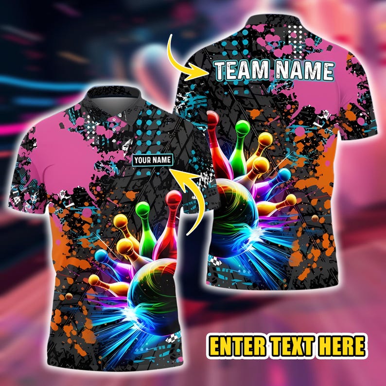 Customized Team Name 3D Printed Men’s Polo Shirt, Bowling Neon Pins, Explosion Summer Streetwear Unisex Casual Bowling Shirt For Players.