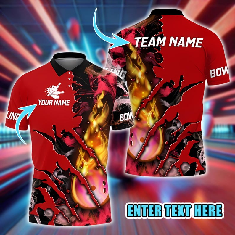 Customized Team Name 3D Printed Men’s Polo Shirt, Bowling Fire Flame Strike, Summer Streetwear Unisex Casual Bowling Shirt For Players.