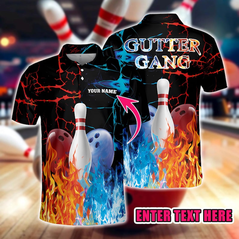 Custom Bowling Polo Shirt, Bowling Polo Shirt with Fire & Ice Design, Perfect for Bowling Teams, Players, Bowling Lovers Shirt.