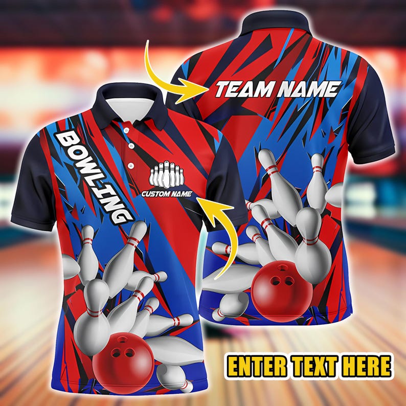 Custom Bowling Polo Shirt with Dynamic Stripes, Perfect for Bowling Teams, Tournaments & League Matches, Ideal for Players, Coaches, Fans.
