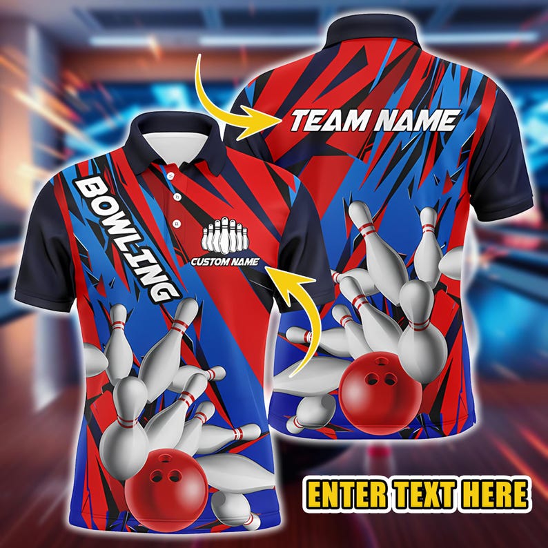 Custom Bowling Polo Shirt with Dynamic Stripes, Perfect for Bowling Teams, Tournaments & League Matches, Ideal for Players, Coaches, Fans.
