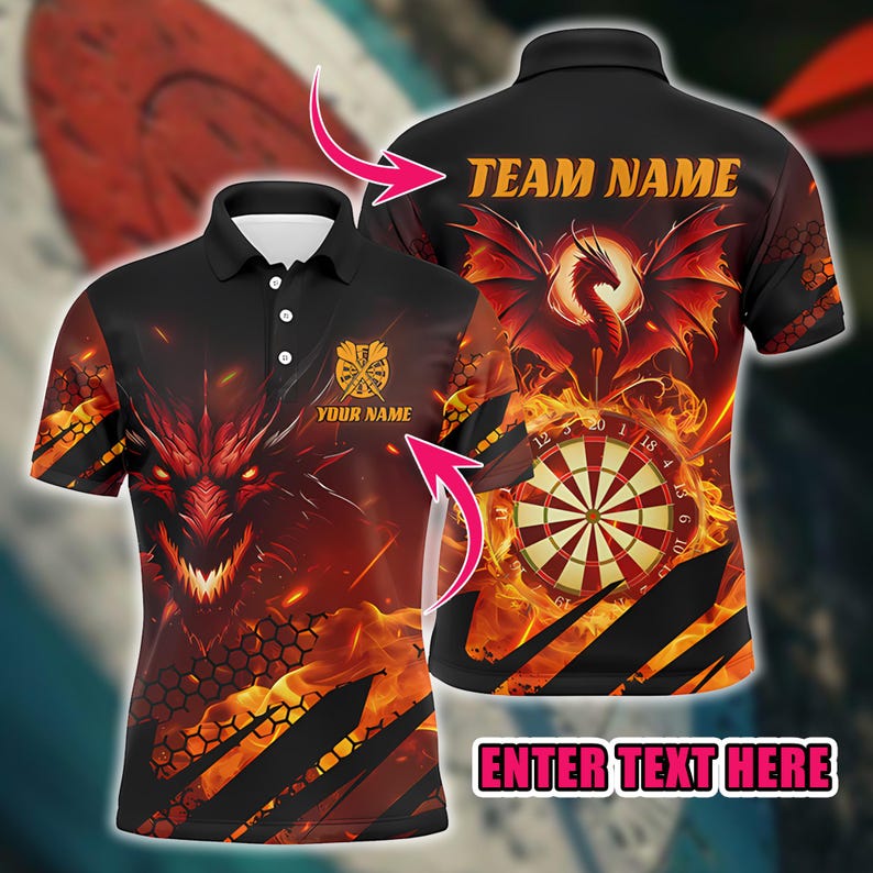 Custom Darts Team Polo Shirt, Personalized Name And Team Print, Striking Flame Design with Dartboard Graphic for Dart Players & Clubs.