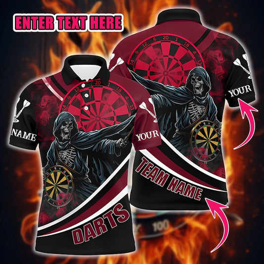 Custom Darts Polo Shirt, Personalized Team & Name Print, Dark Skull Design with Dartboard, Shirt for Dart Players and Club.
