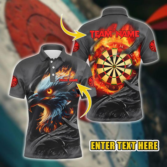 Custom Darts Polo Shirt, Unique Fiery Eagle & Dartboard Design, Personalized Team And Name Print, Perfect Gift for Dart Players, Clubs.