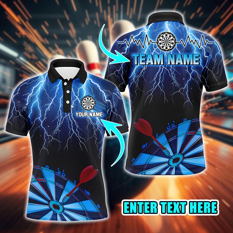 Custom Darts Polo Shirt, Unique Lightning Dartboard Design, Personalized Team & Name Print, Perfect Gift for Dart Players, Club Uniforms.