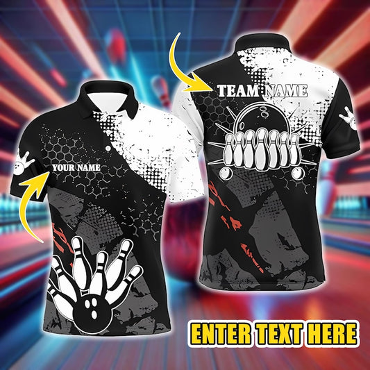 Personalized Bowling Polo Jersey, Add Team Name And Player Name, Stylish Black White Custom Shirt for League, Tournament & Club Teams.