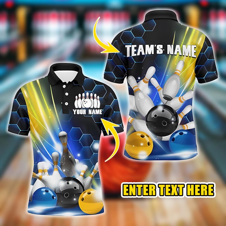 Bowling Team League Jersey, Custom Black And Blue Shirt for Men & Women, Personalized Polo Bowling Shirt for Clubs And Events.
