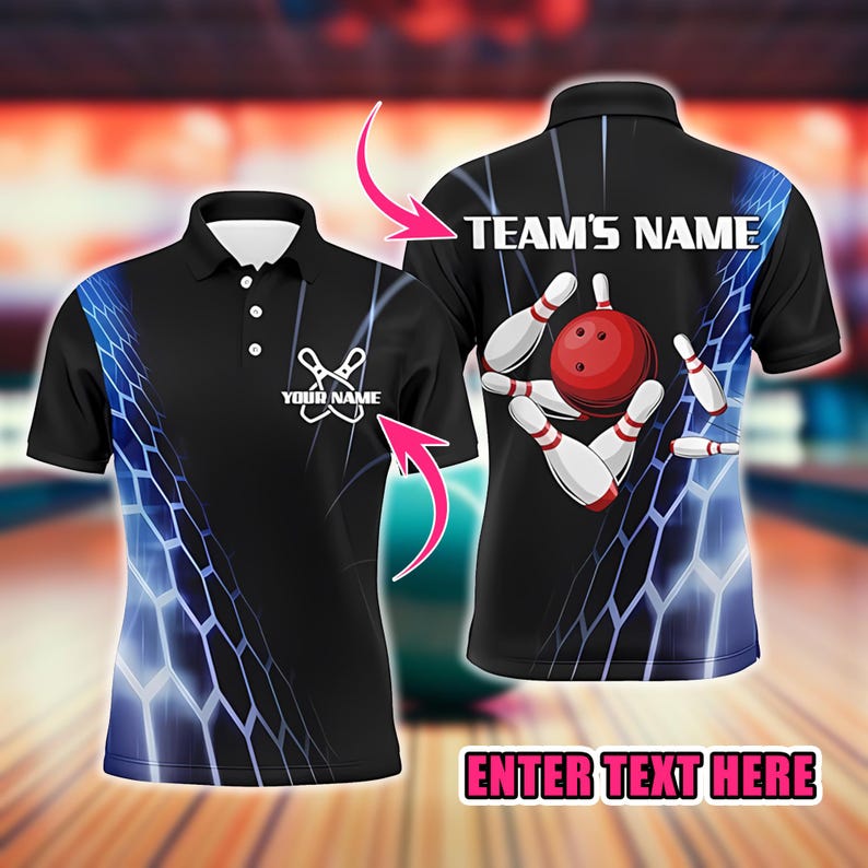 Custom Bowling Polo Shirts Vintage Bowling Jersey Black Bowling Team League Shirts, Mens Polo Shirts for Gifts, Short Sleeve Men's Shirt.