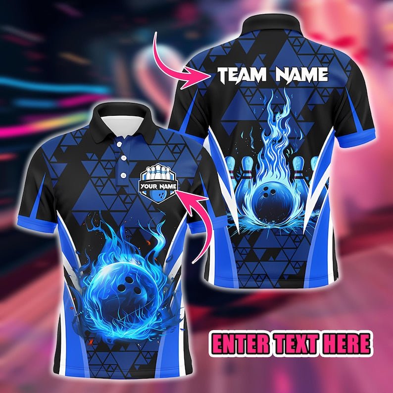 Men’s Custom Bowling Polo Shirts, Triangle Pattern Flame Design with Bowling Ball & Pins, Personalized Team Bowling Jerseys for League Play.