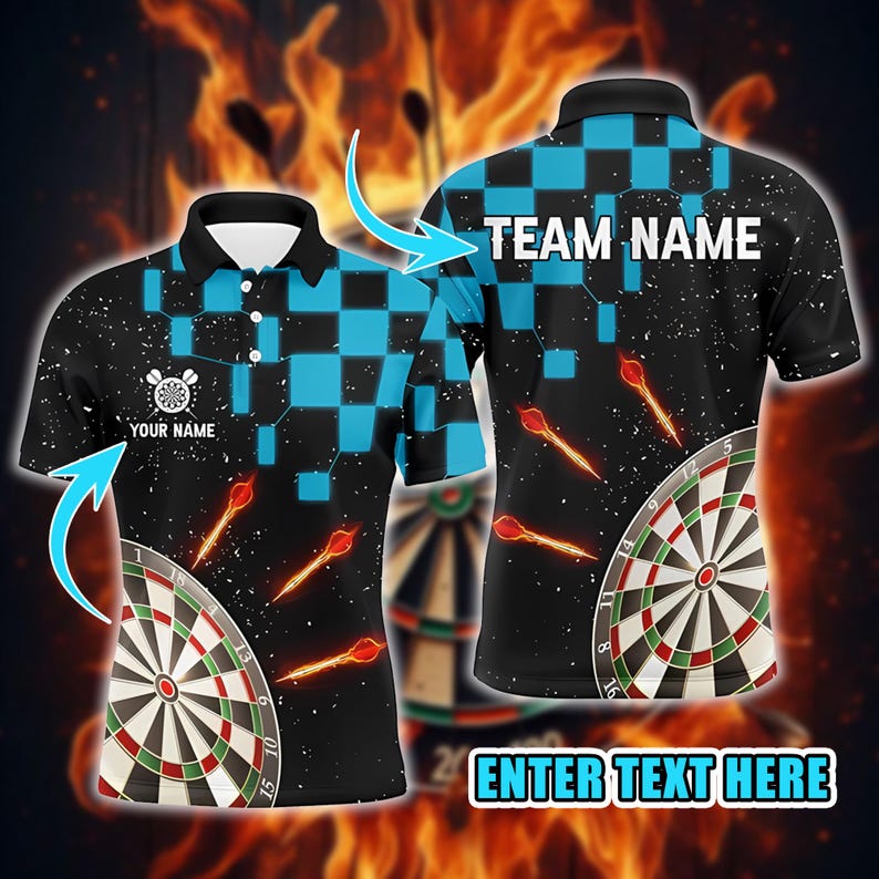 Custom Darts Polo Shirt, Personalized Team Name & Player Name, Dartboard Flames Design, Team Jerseys, Sport Outfits, Gifts for Darts Lovers.