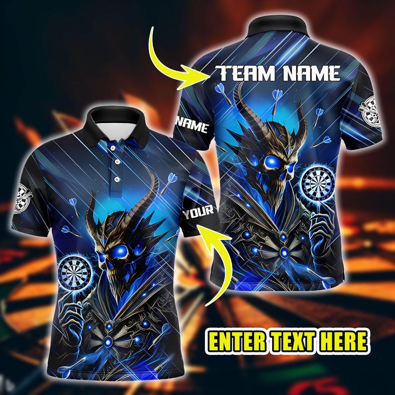 Personalized Name Dart Polo Shirt, Darts Skull Demon Blue Flame Design, Custom Team Shirt for Men Women, Gift for Darts Players.