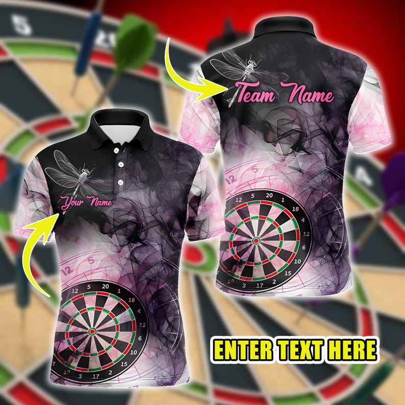 Personalized Name Dart Polo Shirt, Smoke Dragonfly Dartboard Design, Custom Team Shirt for Men, Gift for Darts Players.