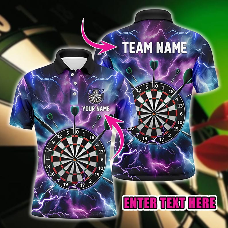 Personalized Name Dart Polo Shirt, Lightning Dartboard Design, Custom Name & Design Shirt, 3D Over Print Design, Gift For Team.