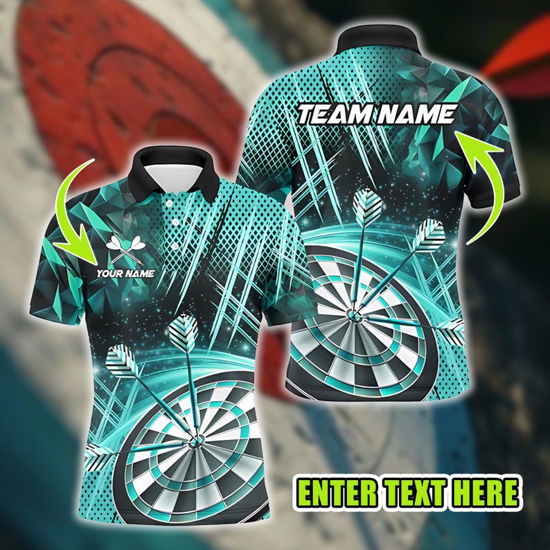 Custom Dart Polo Shirt, Green Geometric Dartboard Design, Personalized Name & Team Shirt, 3D Over Print Style, Gift for Darts Players.
